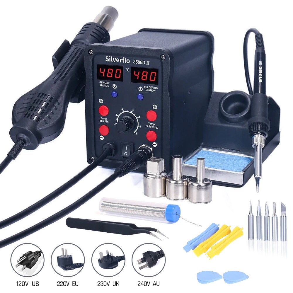 محطة لحام Silverflo 8586D 2 في - مراجعة Smd Rework Station Hot Air Soldering 2 In 1 وسعره